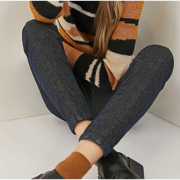 Pilcro Anthropologie Sz 26 High Rise Dark Blue Denim Gold Shimmer Legging Jeans - Picture 11 of 12